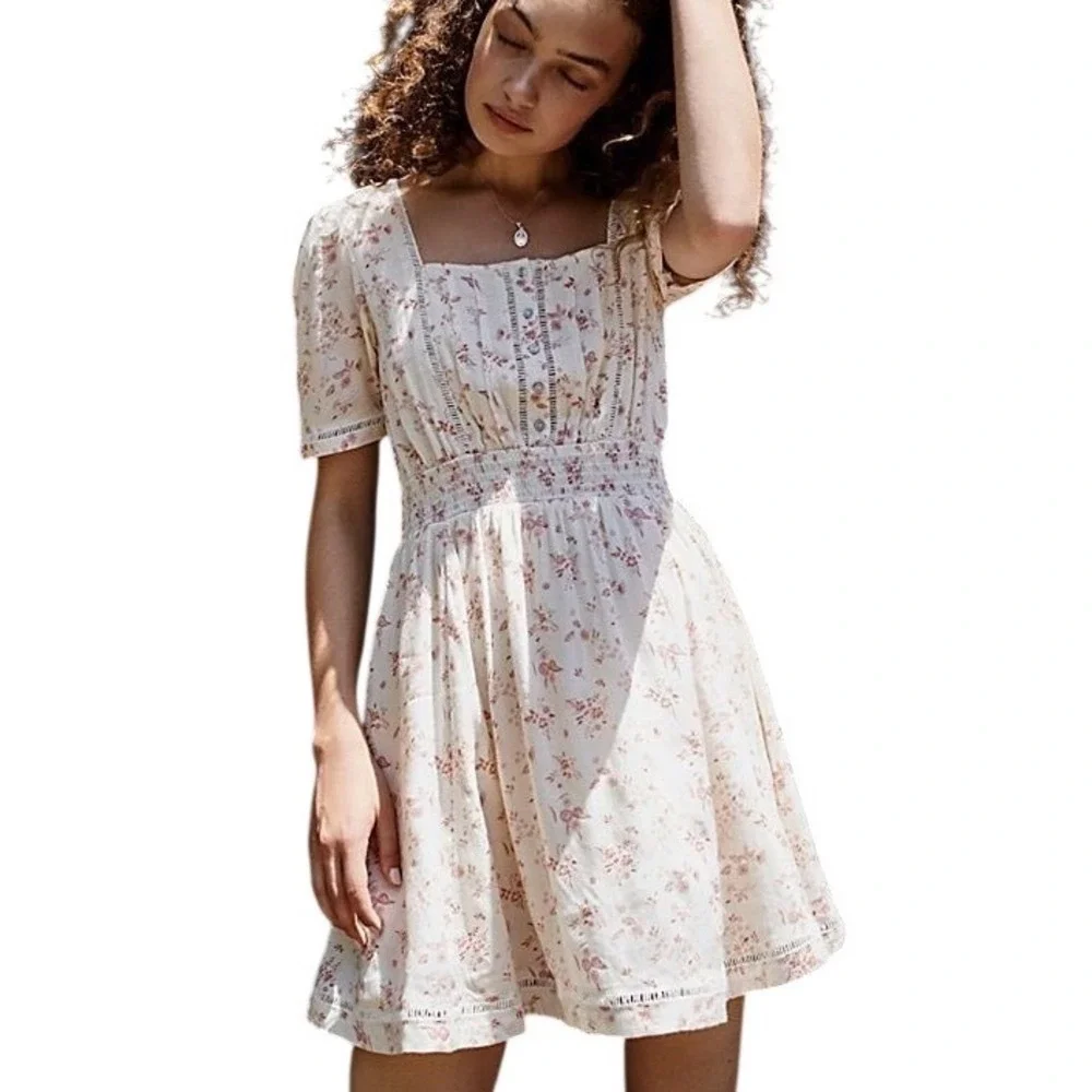 Free People Dandelion Mini Dress Women Medium Cream Pink Floral Boho Cottagecore